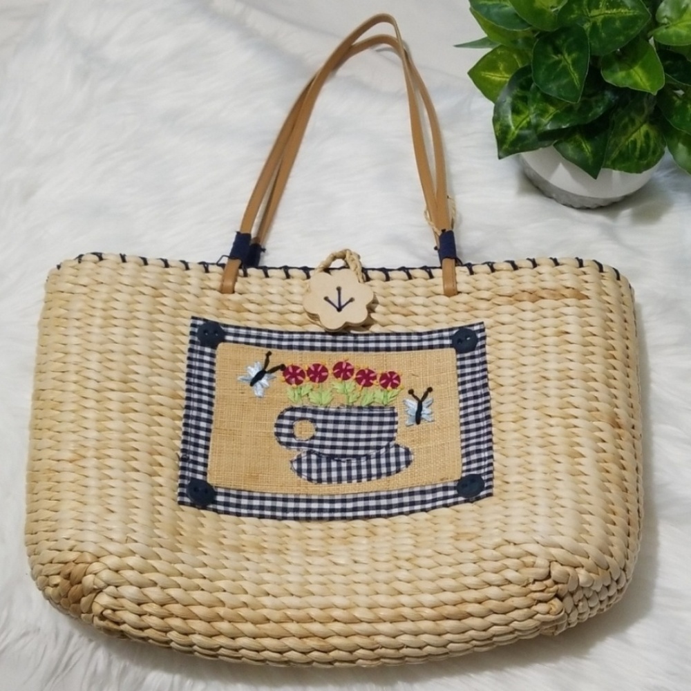 Vintage Breckenridge Straw Gingham Picnic Bag